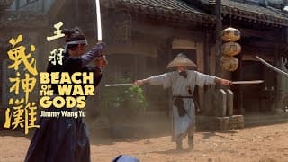 A swordsman single-handedly dispatches a group of the invading thugs